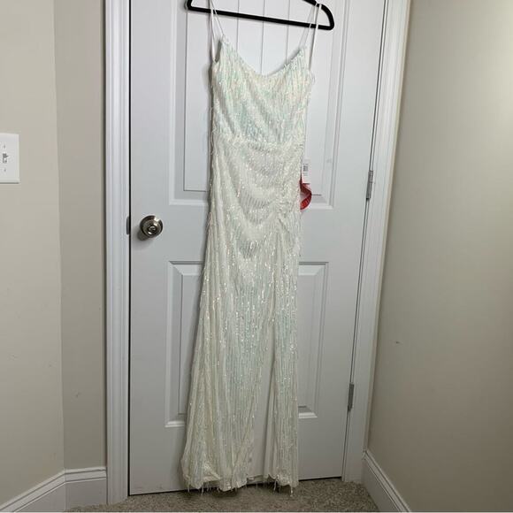 B Darlin white fringe sequin slit front maxi dress homecoming prom bridal shower - Picture 1 of 10